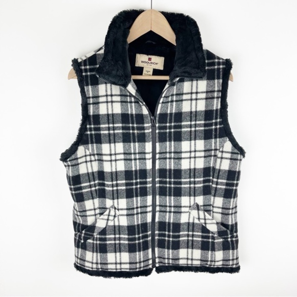 Woolrich Black & White Moccasin Plaid Zip Up Vest Size Medium